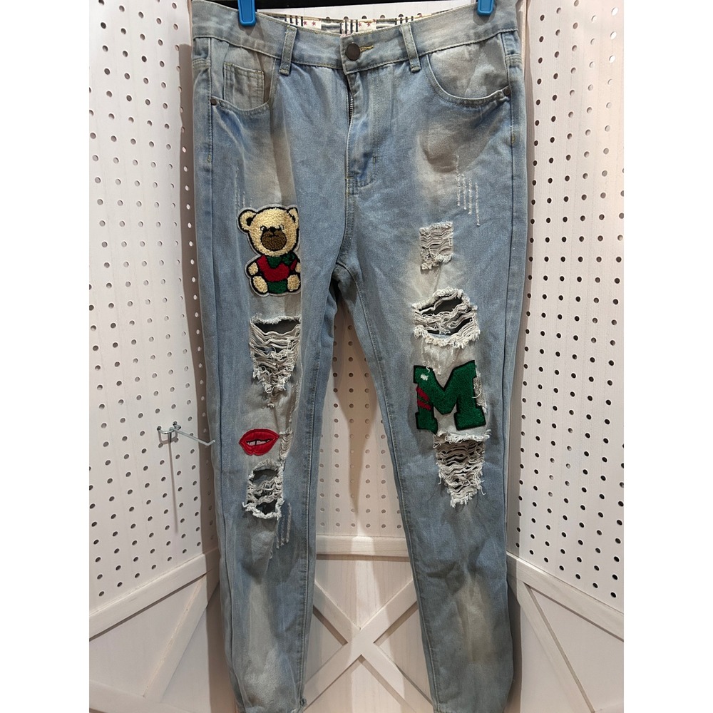 Light Wash Distressed Denim Jeans with Teddy Bear M‎ and Lips Patches